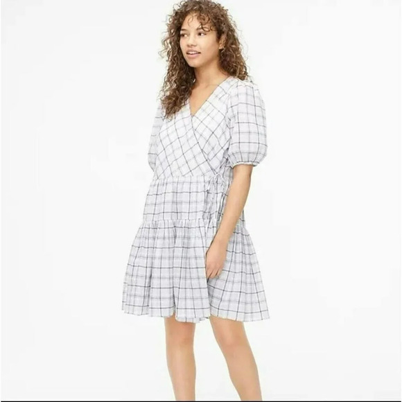 J.CREW Dresses & Skirts - J.Crew Voile Wrap Dress Sz S White Oyster Plaid V Neck A-Line Tiered Puff Sleeve